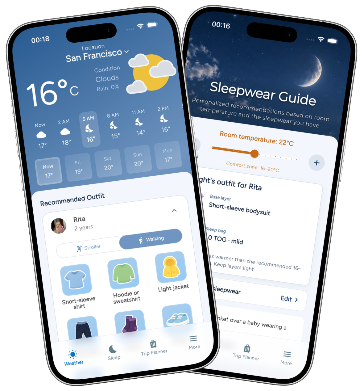Tiny Weather on iPhone: daily outfit recommendations and the sleepwear guide